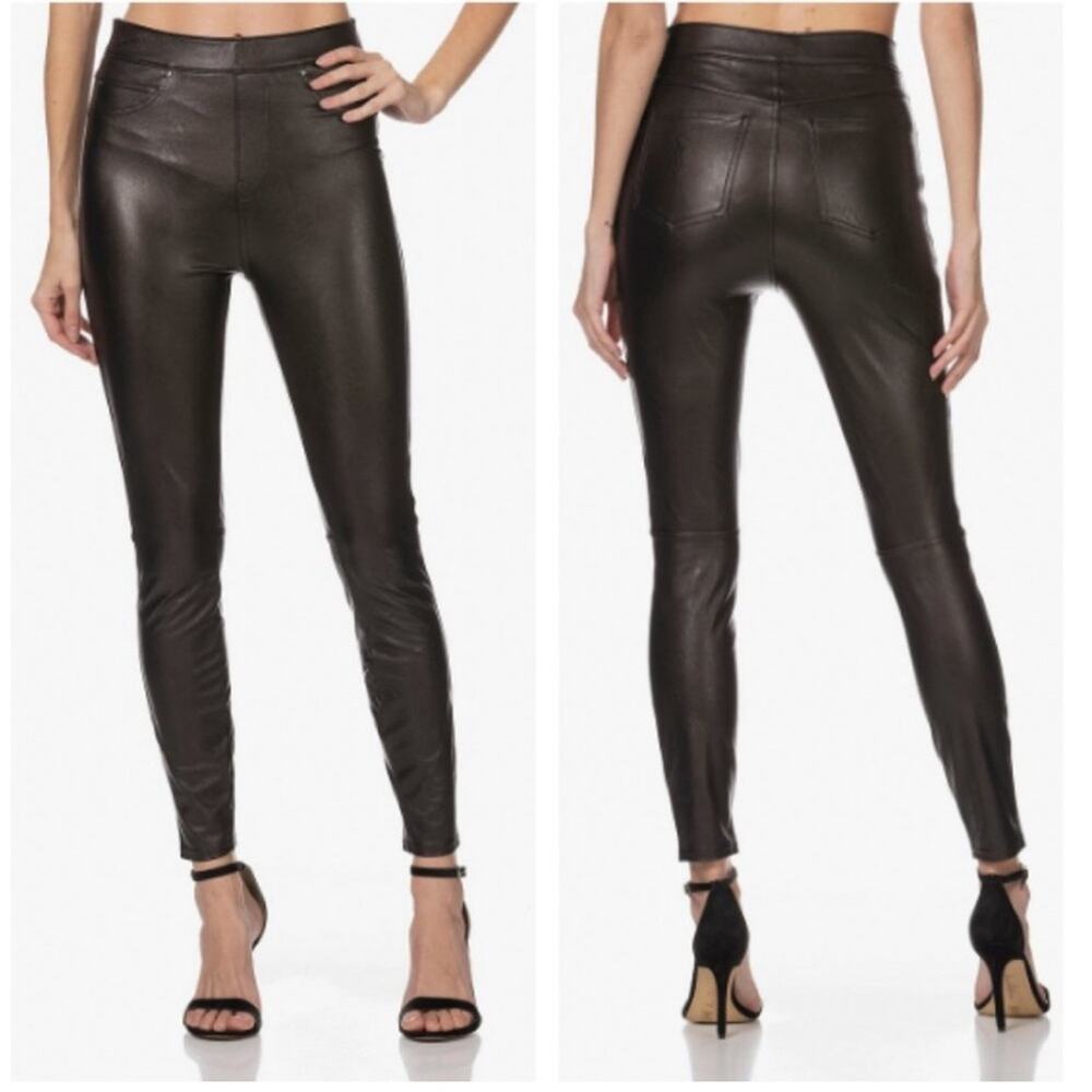 Spanx Black Leather Like High Rise Ankle Skinny Leg Pull On Slimming Pant L - Picture 7 of 8